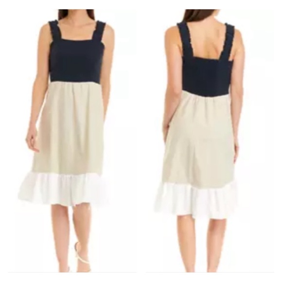 52seven Women's Sleeveless Color Block Tiered Linen Midi Dress SZ 1X Navy Tan - Picture 2 of 11